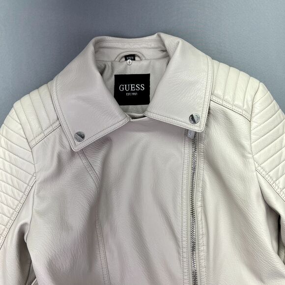 Women's GUESS Faux Leather Asymmetrical Moto Jacket Size M Cream‎ Ivory - Picture 2 of 16